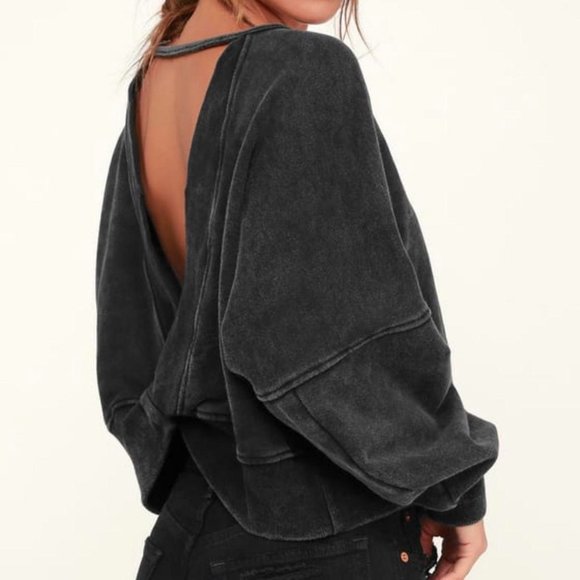 Lulu's Twist Connection Washed Black Backless Cropped Sweater Top - Picture 1 of 7